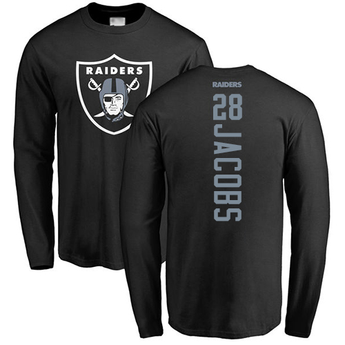 Men Oakland Raiders Black Josh Jacobs Backer NFL Football #28 Long Sleeve T Shirt